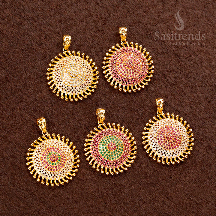 Elegant gold plated Chakara design pendant, adorned with sparkling AD stones, perfect for enhancing ethnic jewellery styles