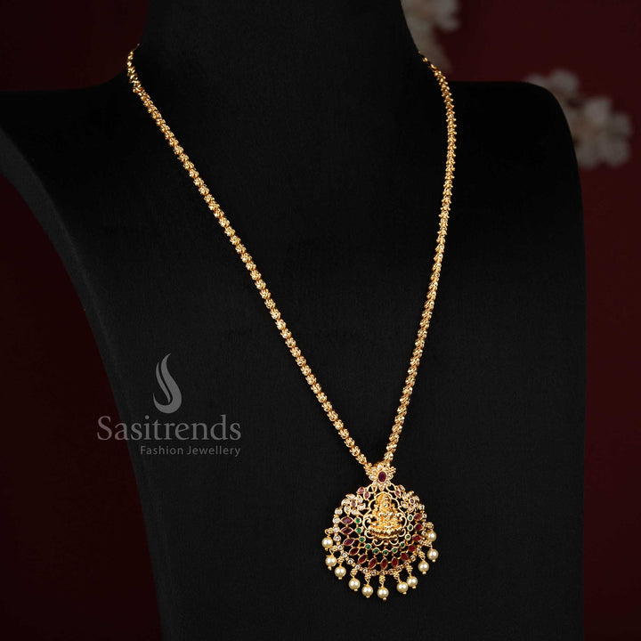 Divine Goddess Lakshmi AD Stone Medallion Micro Gold Dasavatharam Rope Chain with Pearl Drops - Sasitrends