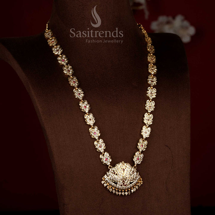 Regal impon addigai micro gold plated long haram necklace with classic leaf lotus design white ruby colour for temple weddings - Sasitrends