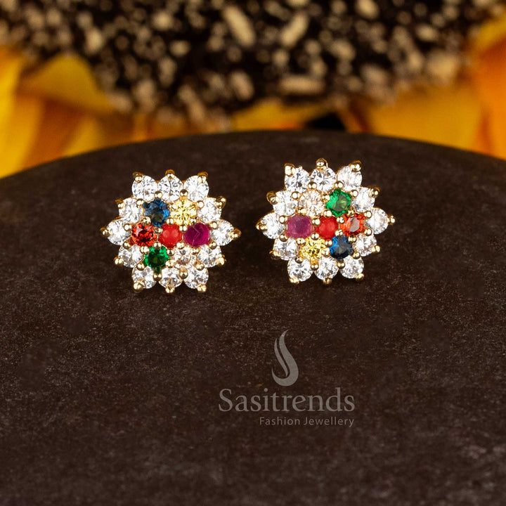 Radiant micro gold plated pavalam navarathnam circular flower stone stud earrings created for festive elegance and charm - Sasitrends