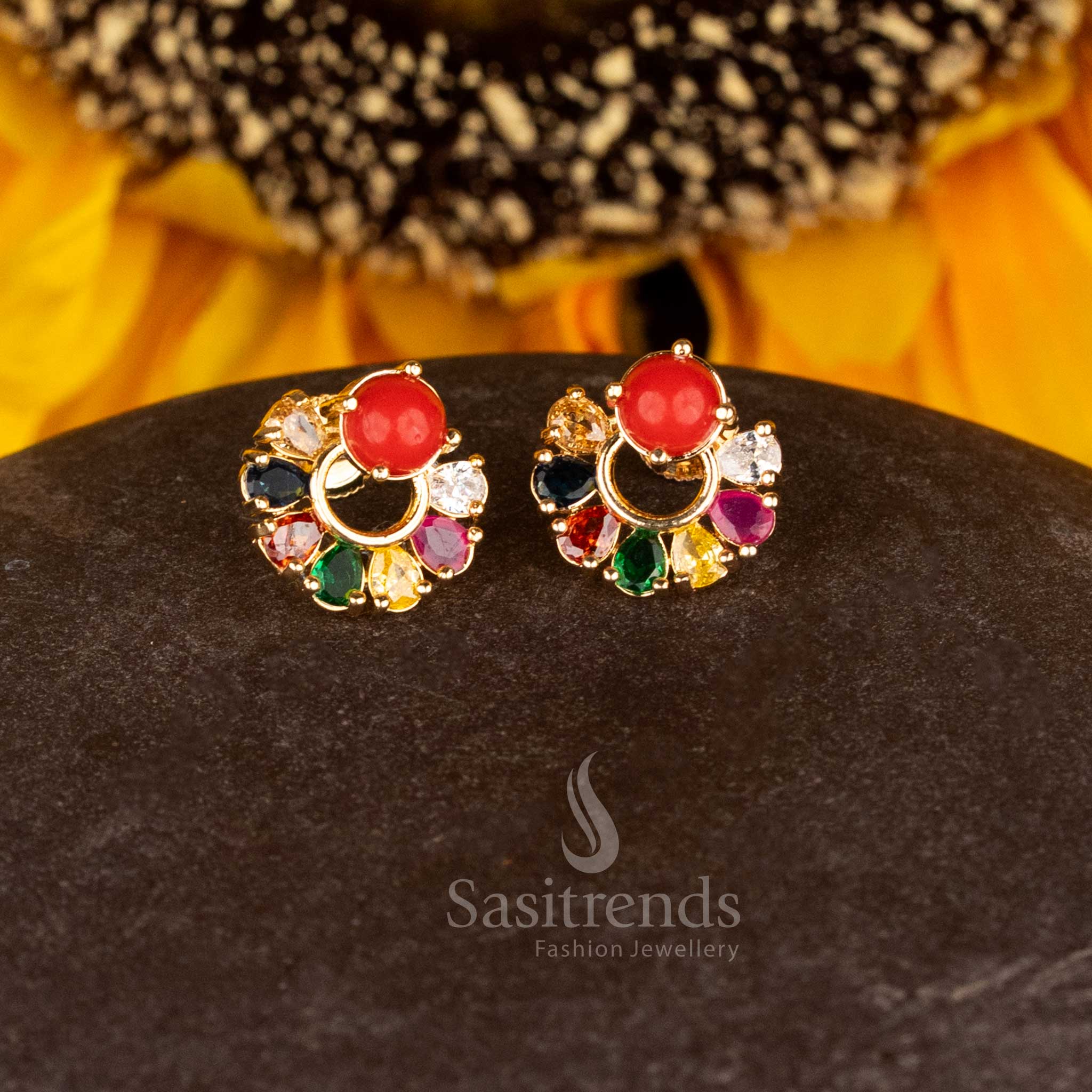 Vibrant micro gold plated pavalam navarathnam round stone stud earrings blending colourful festive glow and royal appeal - Sasitrends