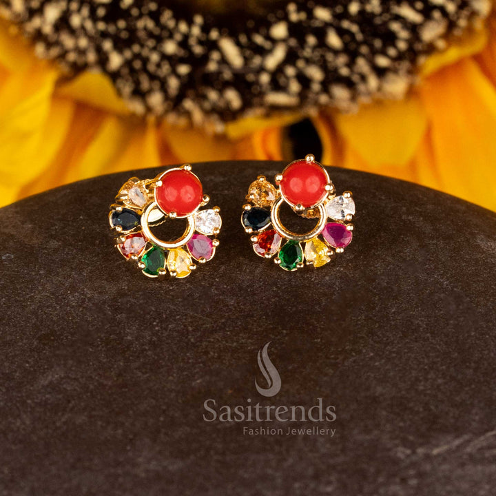 Vibrant micro gold plated pavalam navarathnam round stone stud earrings blending colourful festive glow and royal appeal - Sasitrends
