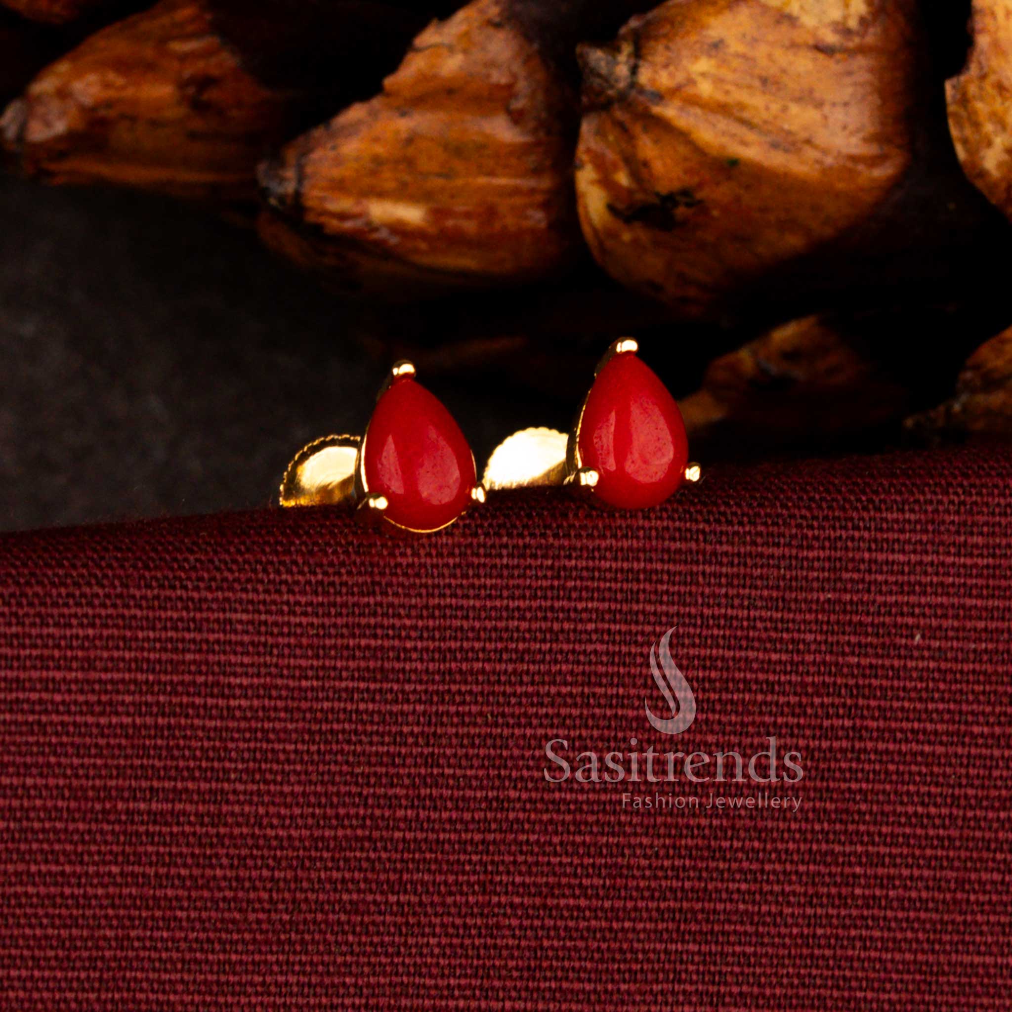 Opulent micro gold plated teardrop stud earrings in pavalam with intricate temple-inspired designs, suited for traditional ceremonies, festival celebrations, and cultural occasions – Sasitrends