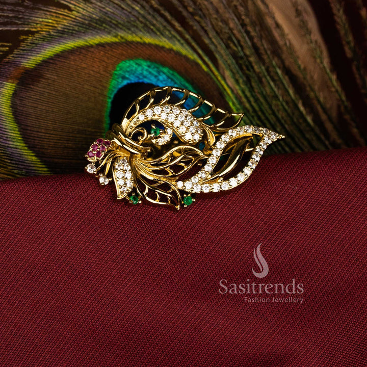 Vibrant Multi-Color American Diamond Peacock Foliate Scroll Saree Pin with Mahendi Finish, Ideal for Bridal and Festive Jewellery – Sasitrends