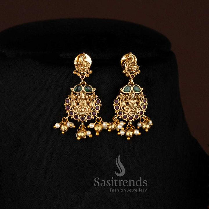 Elegant Multi Color Matte Gold Plated AD Peacock Floral Drop Earrings Featuring Lakshmi Motif, Perfectly Crafted for Premium Festive and Bridal Jewellery – Sasitrends