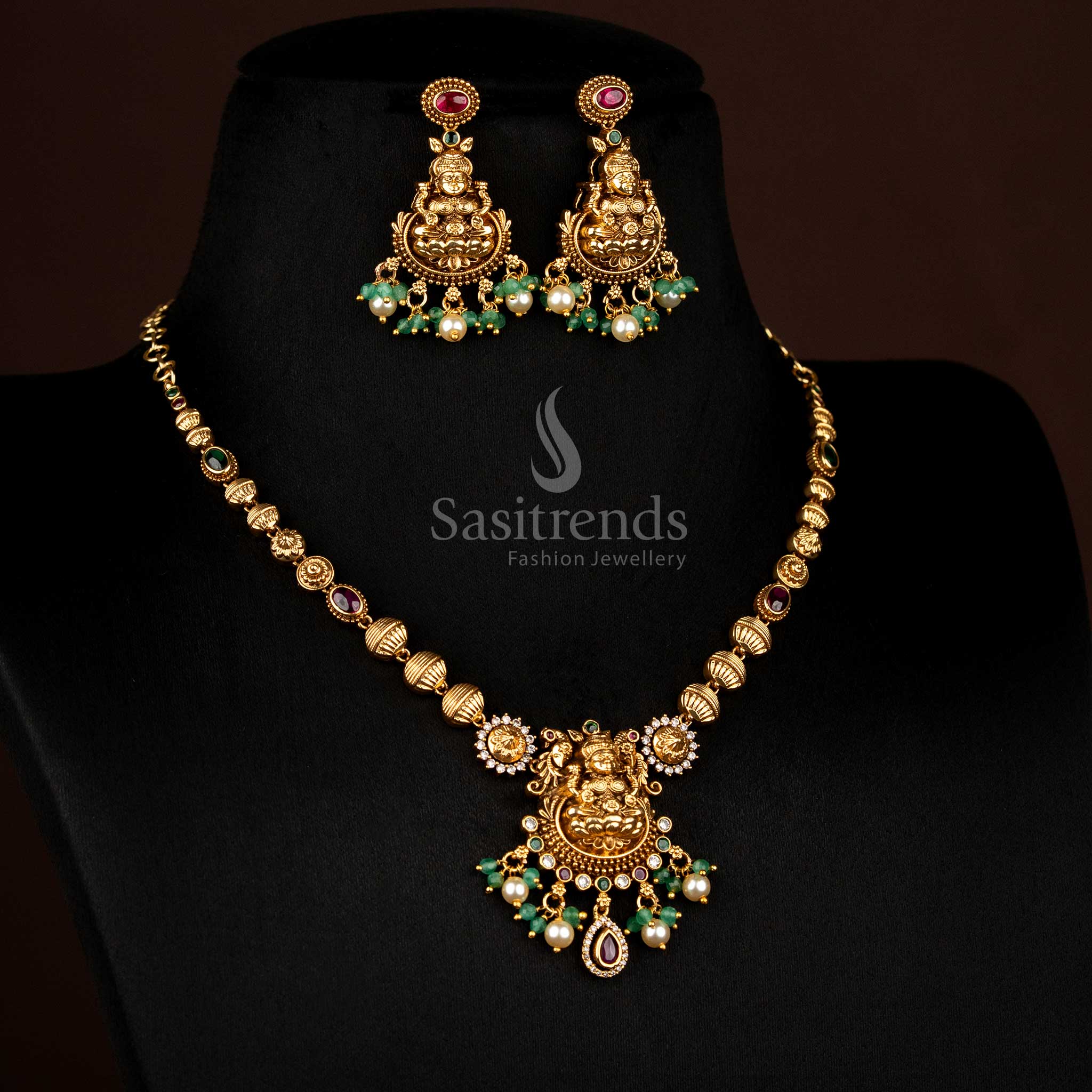 Ethereal multi matte gold plated lotus Lakshmi Necklacewith pearl danglings, ideal to wear for cultural festivals and temple gatherings – Sasitrends