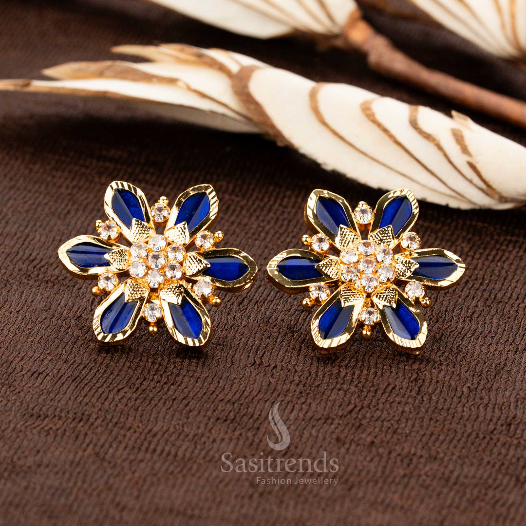 Royal micro gold plated Kerala traditional floral 6 Nagapadam earrings, adorned with luminous blue Palakka stones and shimmering AD gems - Sasitrends