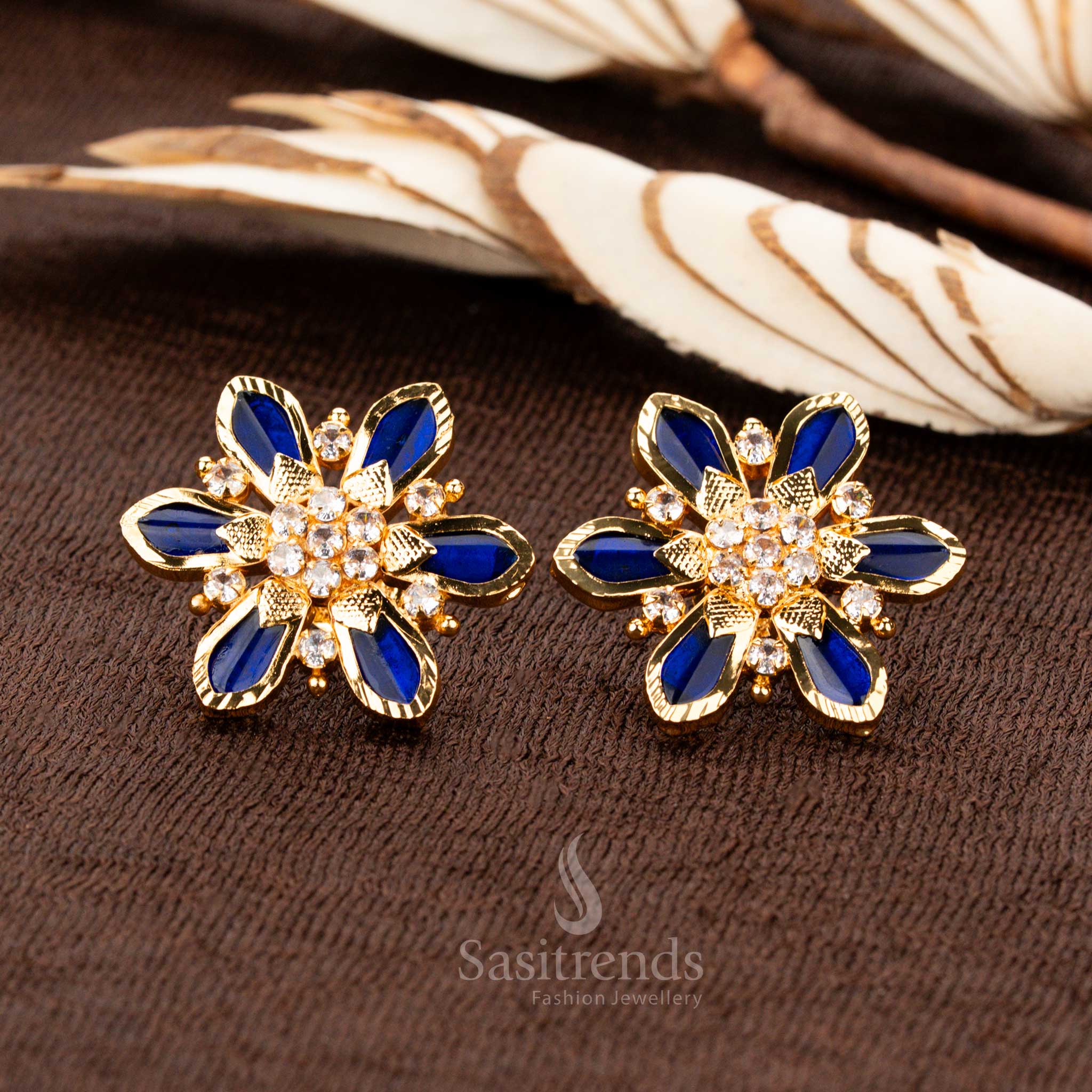 Royal micro gold plated Kerala traditional floral 6 Nagapadam earrings, adorned with luminous blue Palakka stones and shimmering AD gems - Sasitrends