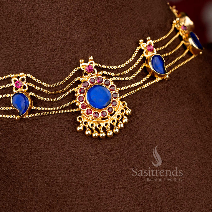 Radiant Kerala mango motif choker necklace in blue with micro gold plating and intricate ethnic patterns for festive cultural celebrations - Sasitrends