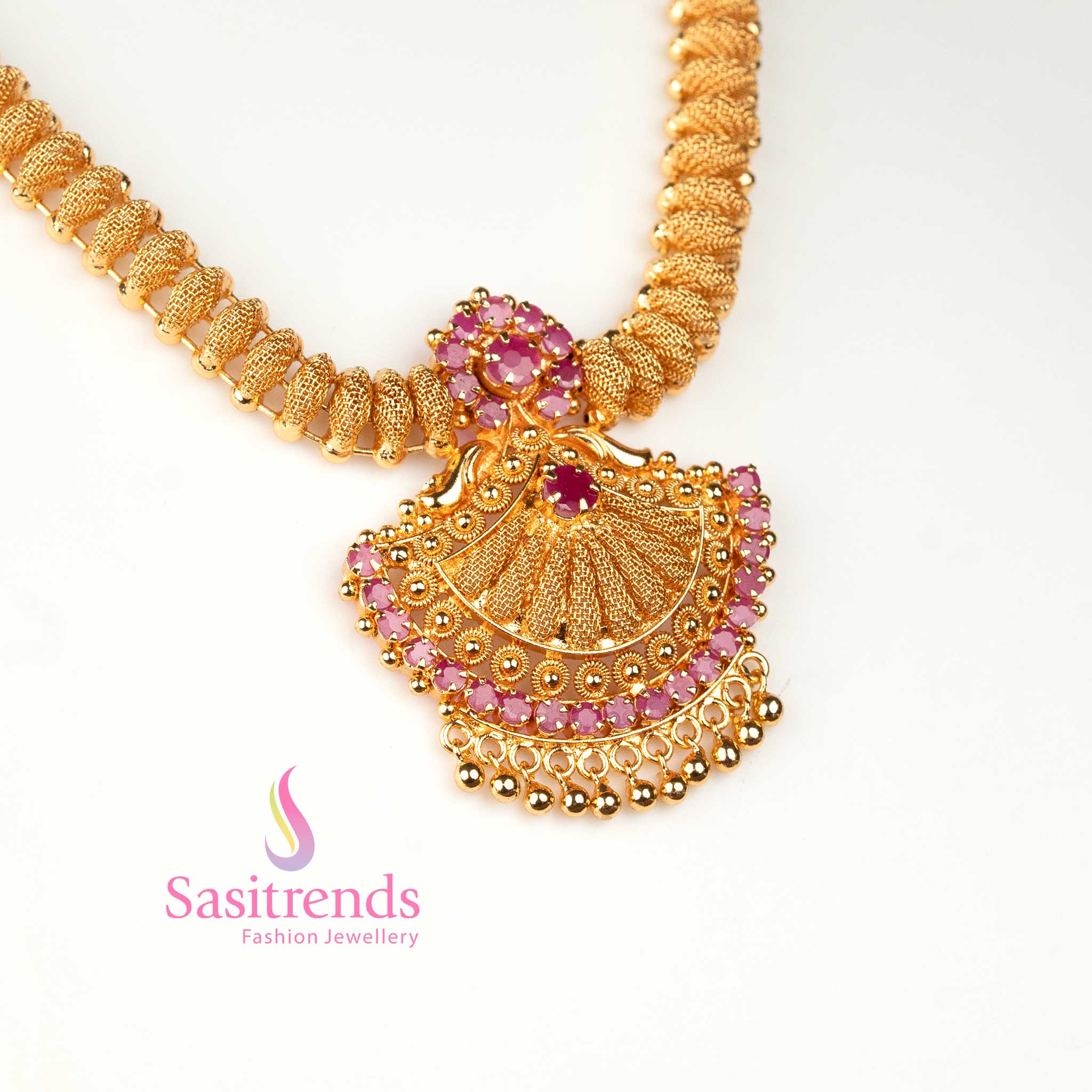 Graceful ruby AD stone necklace plated in one gram micro gold, tilak pendant detailed with pearl highlights for timeless celebration wear – Sasitrends