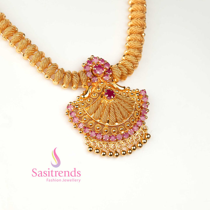Graceful ruby AD stone necklace plated in one gram micro gold, tilak pendant detailed with pearl highlights for timeless celebration wear – Sasitrends