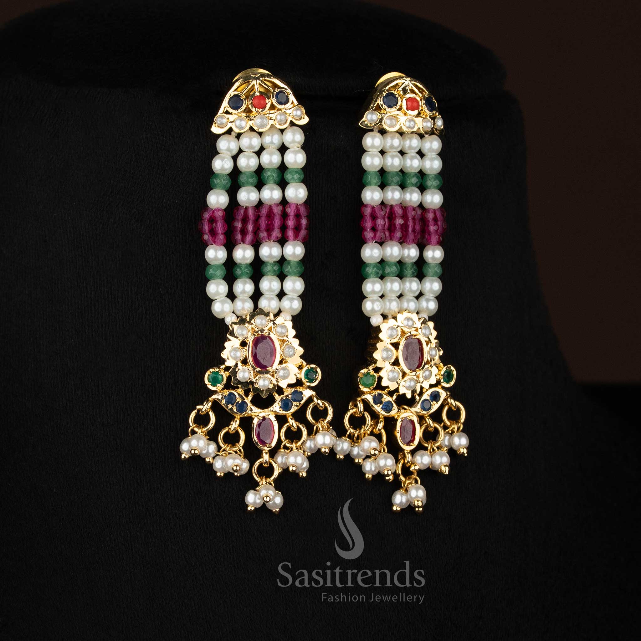 Alluring pearl navarathna American Diamond arch hexagonal pearl earrings suited for stylish cultural gatherings - Sasitrends