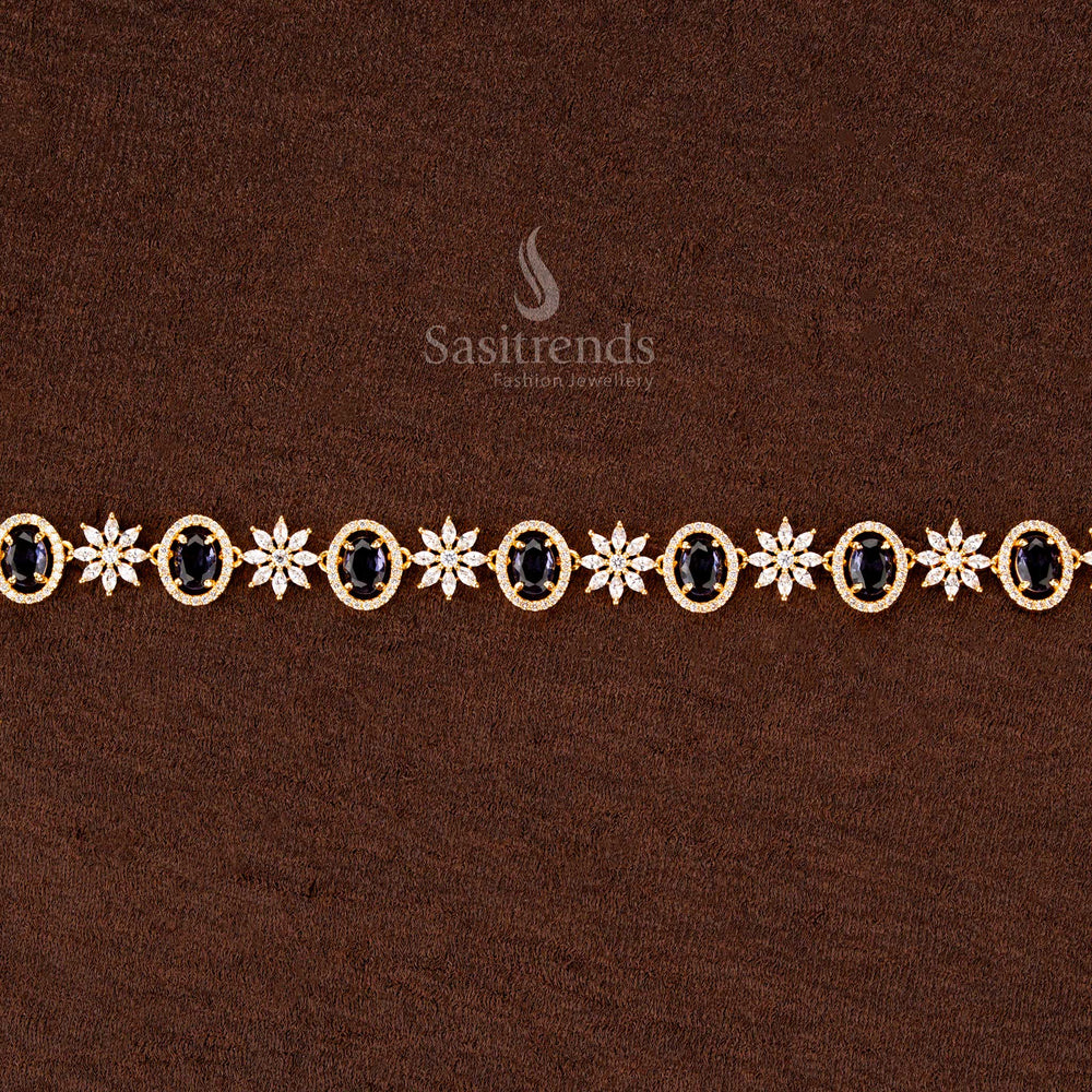 Lavender purple gold-plated hip chain adorned with shimmering American diamonds, graceful floral motifs, and a refined silhouette—an exquisite bridal accessory - Sasitrends