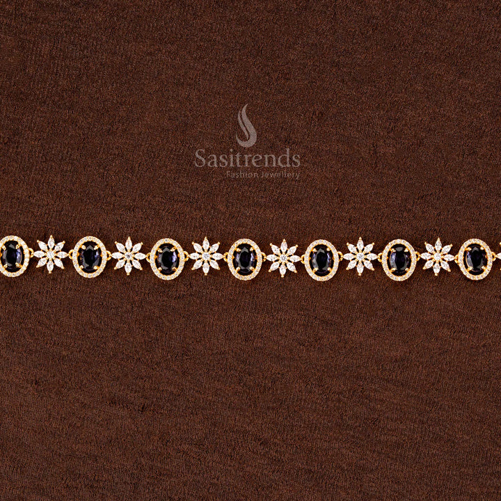 Lavender purple gold-plated hip chain adorned with shimmering American diamonds, graceful floral motifs, and a refined silhouette—an exquisite bridal accessory - Sasitrends
