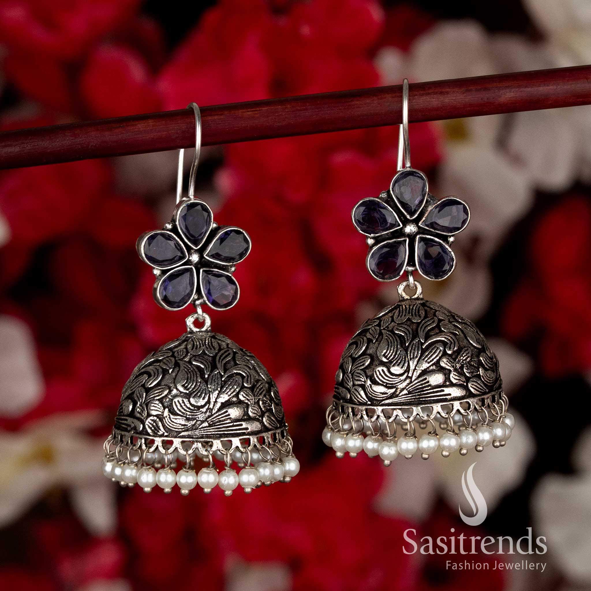 Rich Purple Party Oxidised Floral Jhumkas with Pearl Drops and Fish-Hook Closure, Ideal for Black Saree Ethnic Navaratri Looks-Sasitrends