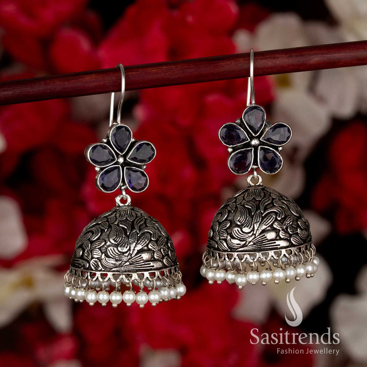 Rich Purple Party Oxidised Floral Jhumkas with Pearl Drops and Fish-Hook Closure, Ideal for Black Saree Ethnic Navaratri Looks-Sasitrends