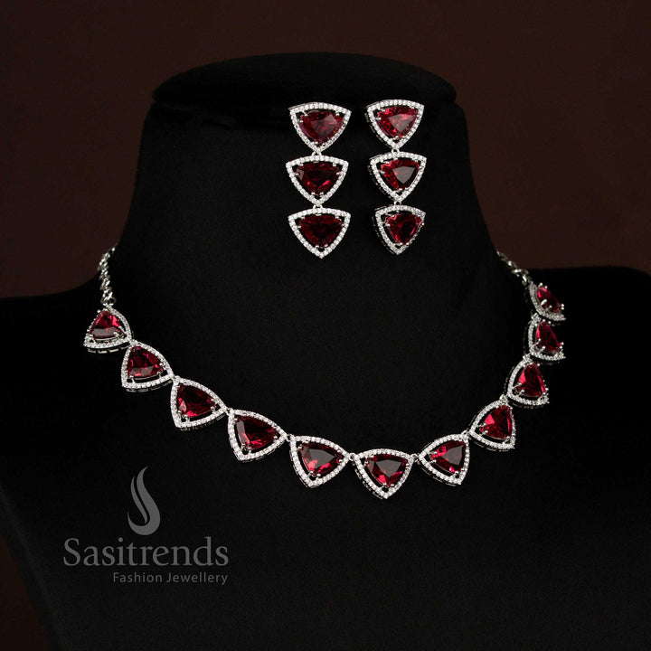 Elegant red rhodium silver triangular necklace featuring American Diamonds for festive celebrations and special evening occasions – Sasitrends