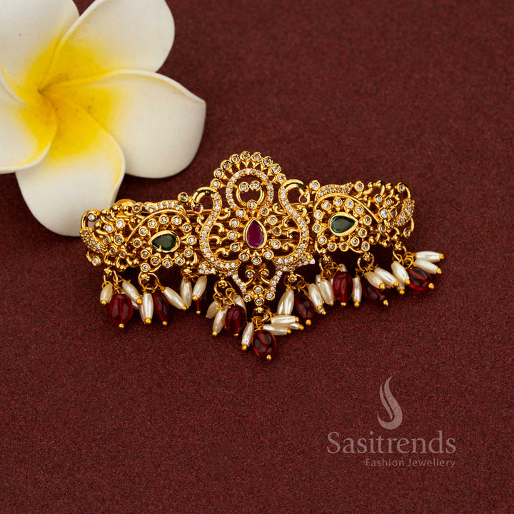 Attractive Temple Matte Gold Plated Teardrop Floral AD Hair Clip with Rice Pearl Danglers