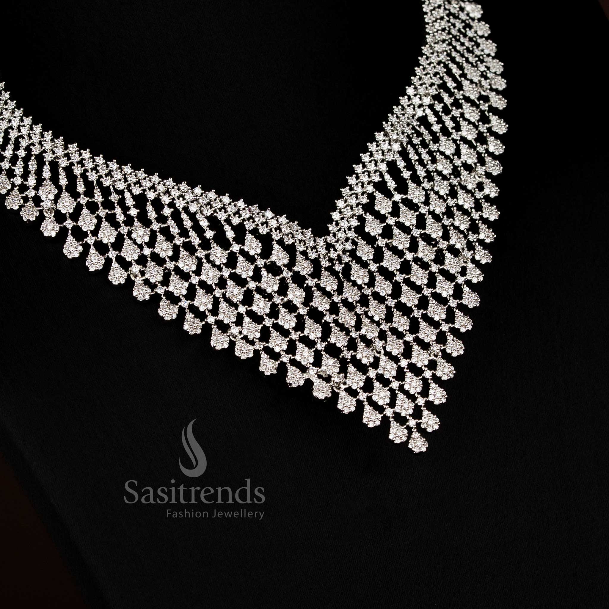 Graceful American Diamond Rhodium Silver Lotus V-Shape Necklace Set Designed for Party Wear and Elegant Contemporary Jewellery – Sasitrends