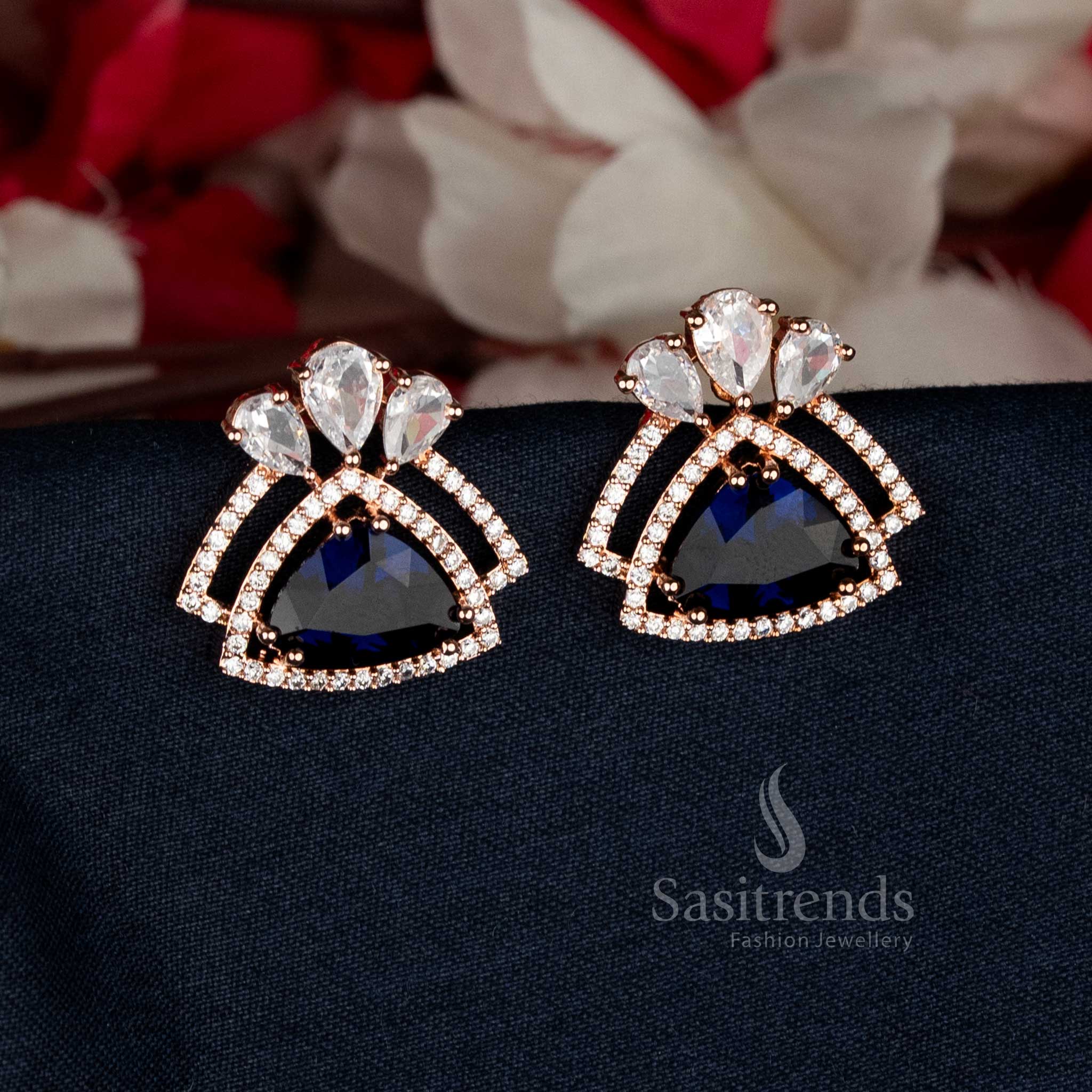 Radiant Rose Gold Plated Triangular AD Stud Earrings with sapphire-tone stones, perfect for cocktail parties and festive attire — Sasitrends