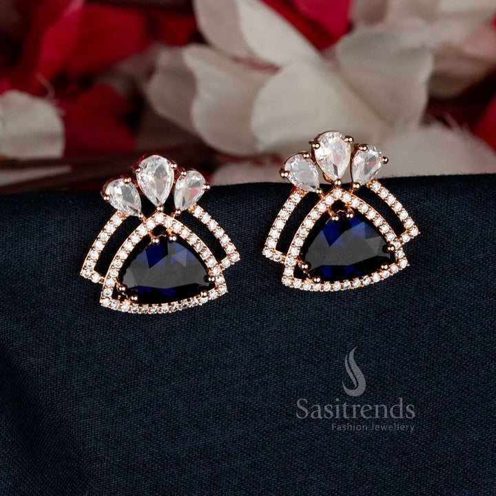 Radiant Rose Gold Plated Triangular AD Stud Earrings with sapphire-tone stones, perfect for cocktail parties and festive attire — Sasitrends