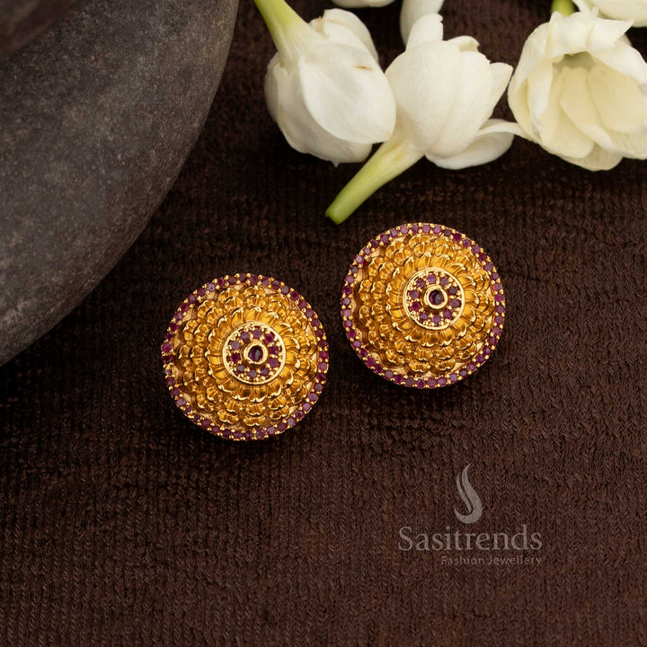 Resplendent Ruby Stud Earrings Crafted In Matte Gold With American Diamond – Lavish Cultural Jewellery For Divine Heritage Grace And Regal Splendour – Sasitrends