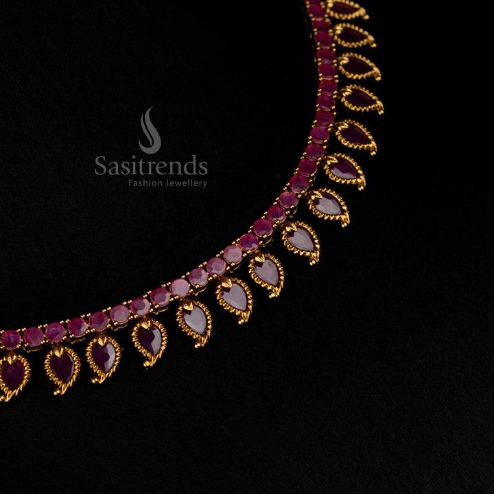 Regal Ruby Traditional Matte Gold Plated Palakka Mango AD Stone Short Necklace with Intricate Temple Carvings for Grand Bridal Ensembles – Sasitrends