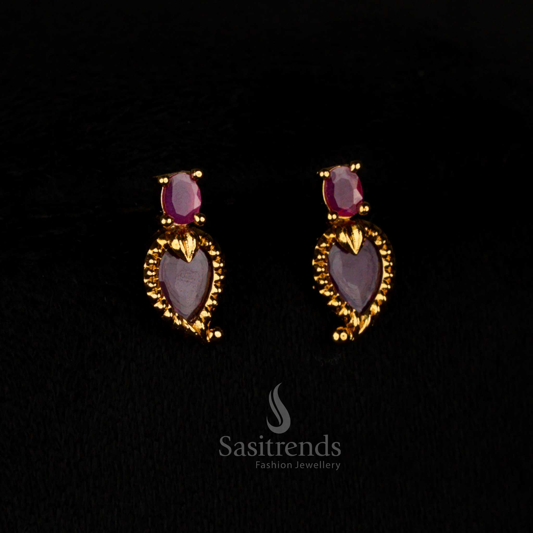 Regal Ruby Traditional Matte Gold Plated Palakka Mango AD Stone Earrings with Intricate Temple Detailing, Ideal for Weddings and Cultural Occasions – Sasitrends