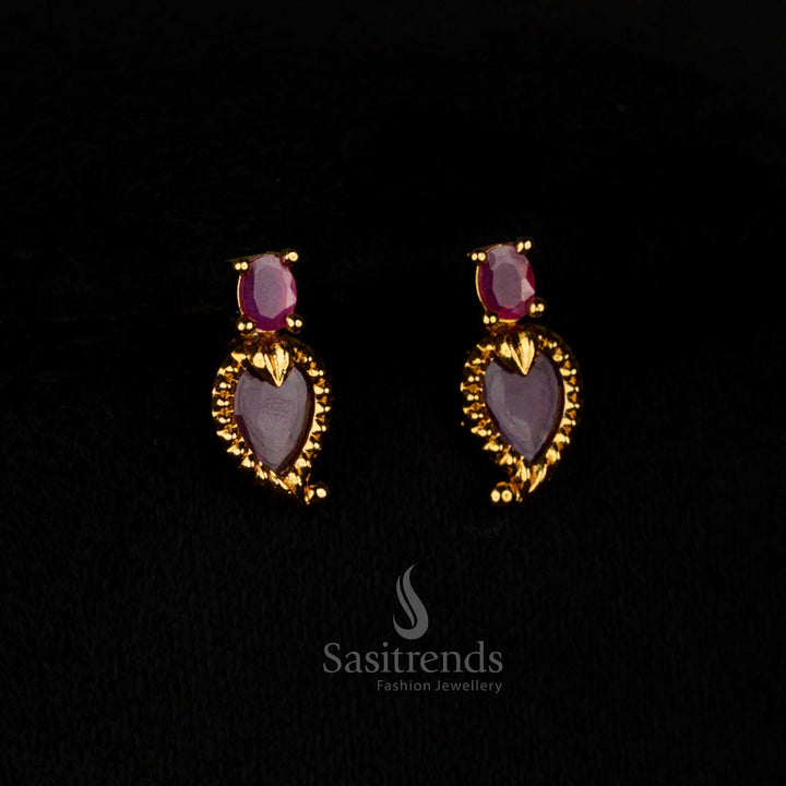 Regal Ruby Traditional Matte Gold Plated Palakka Mango AD Stone Earrings with Intricate Temple Detailing, Ideal for Weddings and Cultural Occasions – Sasitrends