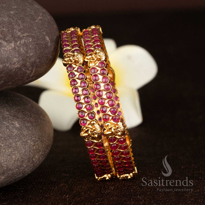 Premium Temple Matte Gold Plated Goddess Lakshmi Engraved Traditional Heritage Bangles with Stones for Festive Wear
