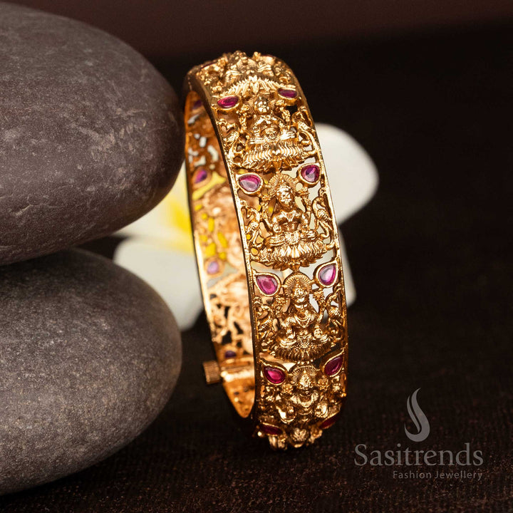 Temple Matte Gold Plated Lakshmi Dual Peacock Nakshi Kada Bangles with Teardrop Stone Embellishments