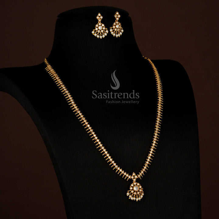 Serene White Matte Gold Temple Long Necklace Featuring Graceful Circular Floral Motifs and Sparkling AD Stones, Perfect for Elegant Wedding Wear – Sasitrends