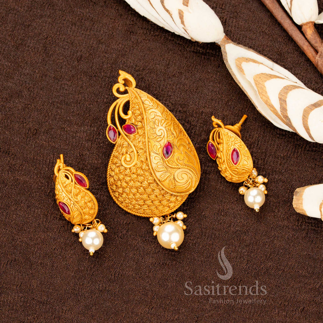 Divine Micro Gold Plated Ruby Lotus Motif Pendant with Jhumka Earrings – Traditional Jewellery Set for Festive Occasions – Sasitrends