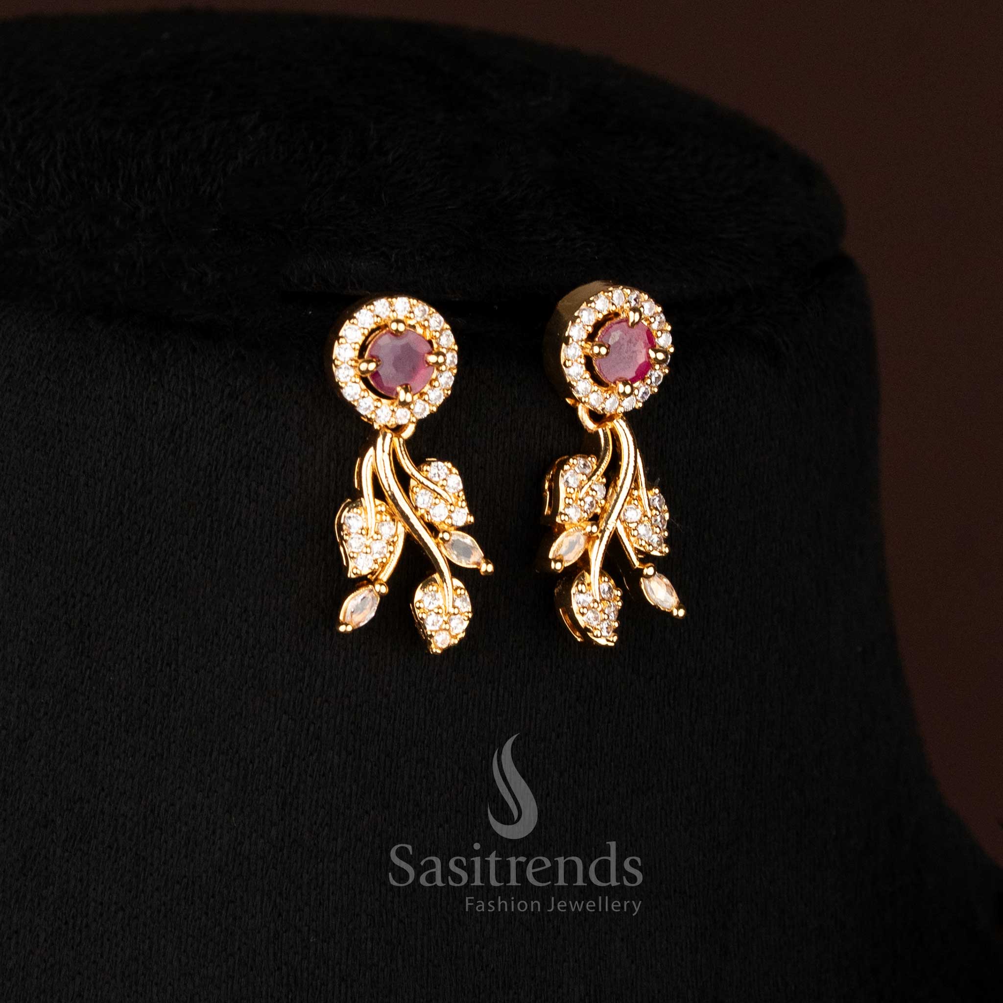 Elegant White-Ruby American Diamond Micro Gold Plated Floral Vine Earrings, Perfect Matching Pair for Bridal, Festive, and Party Jewellery – Sasitrends