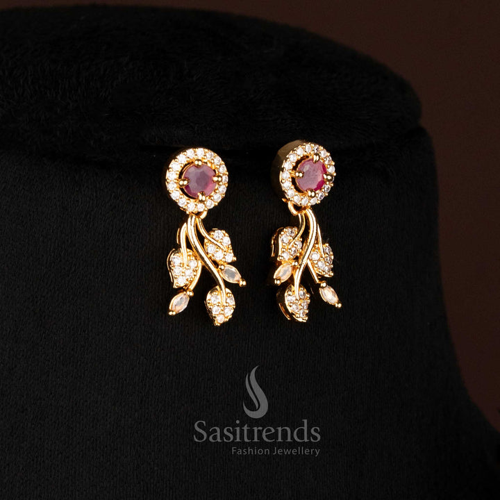 Elegant White-Ruby American Diamond Micro Gold Plated Floral Vine Earrings, Perfect Matching Pair for Bridal, Festive, and Party Jewellery – Sasitrends