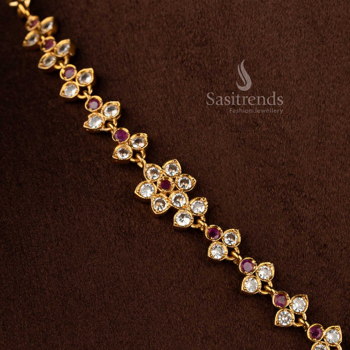Royal white ruby matte gold floral AD necklace jewellery set for women, stunning accessory for bridal saree wear - Sasitrends