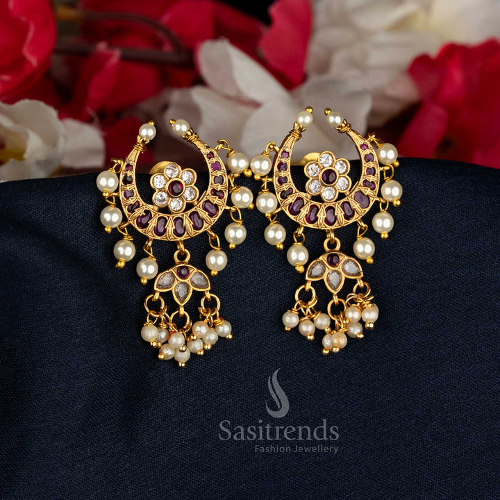 Regal white-ruby temple matte gold AD pearl stud earrings with ornate finish for divine festive grace – Sasitrends