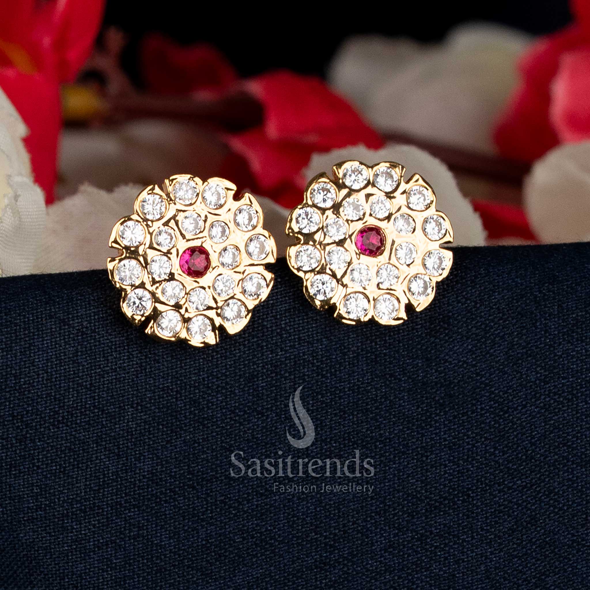 Majestic white-ruby Impon Addigai micro gold plated AD stone round cluster stud earrings featuring graceful colour contrast ideal for wedding and cultural wear – Sasitrends
