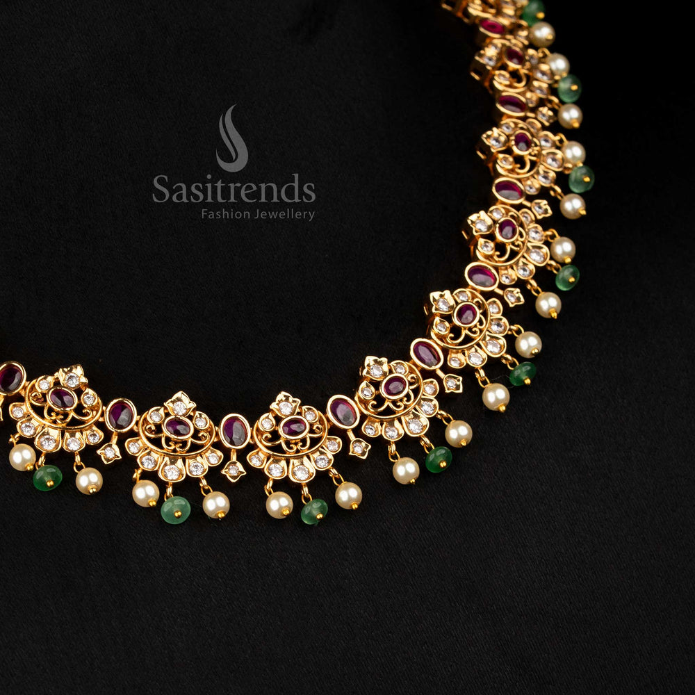 Luminous white-ruby matte gold plated crescent-shaped floral necklace with oval AD stones, perfect to wear for festive celebrations and wedding events – Sasitrends