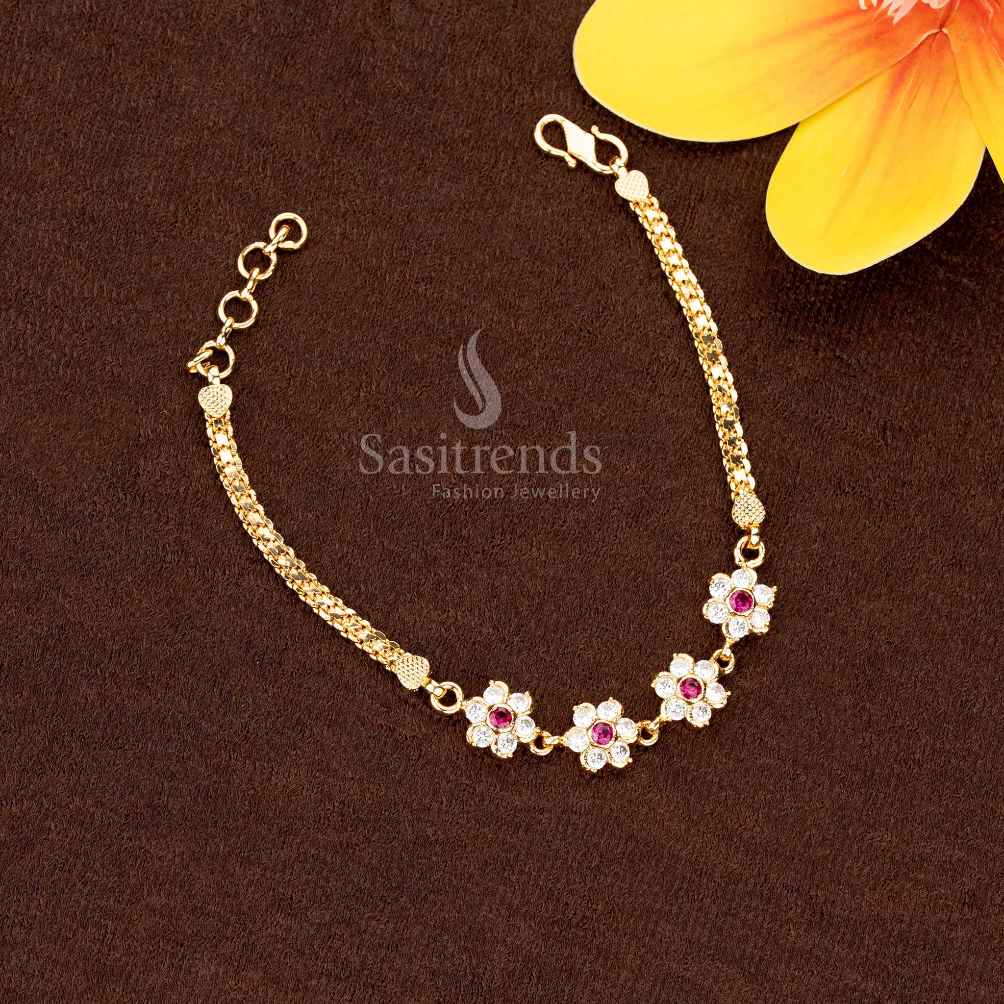Enchanting white-ruby micro gold plated Addigai bracelet with spiral 4 floral AD stones, adorned with Impon accents, perfect to wear for festive occasions – Sasitrends
