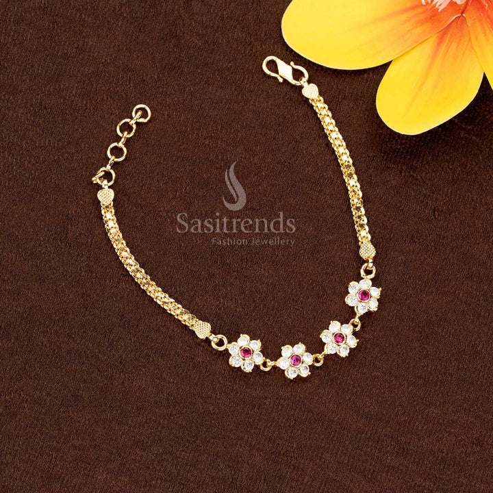 Enchanting white-ruby micro gold plated Addigai bracelet with spiral 4 floral AD stones, adorned with Impon accents, perfect to wear for festive occasions – Sasitrends