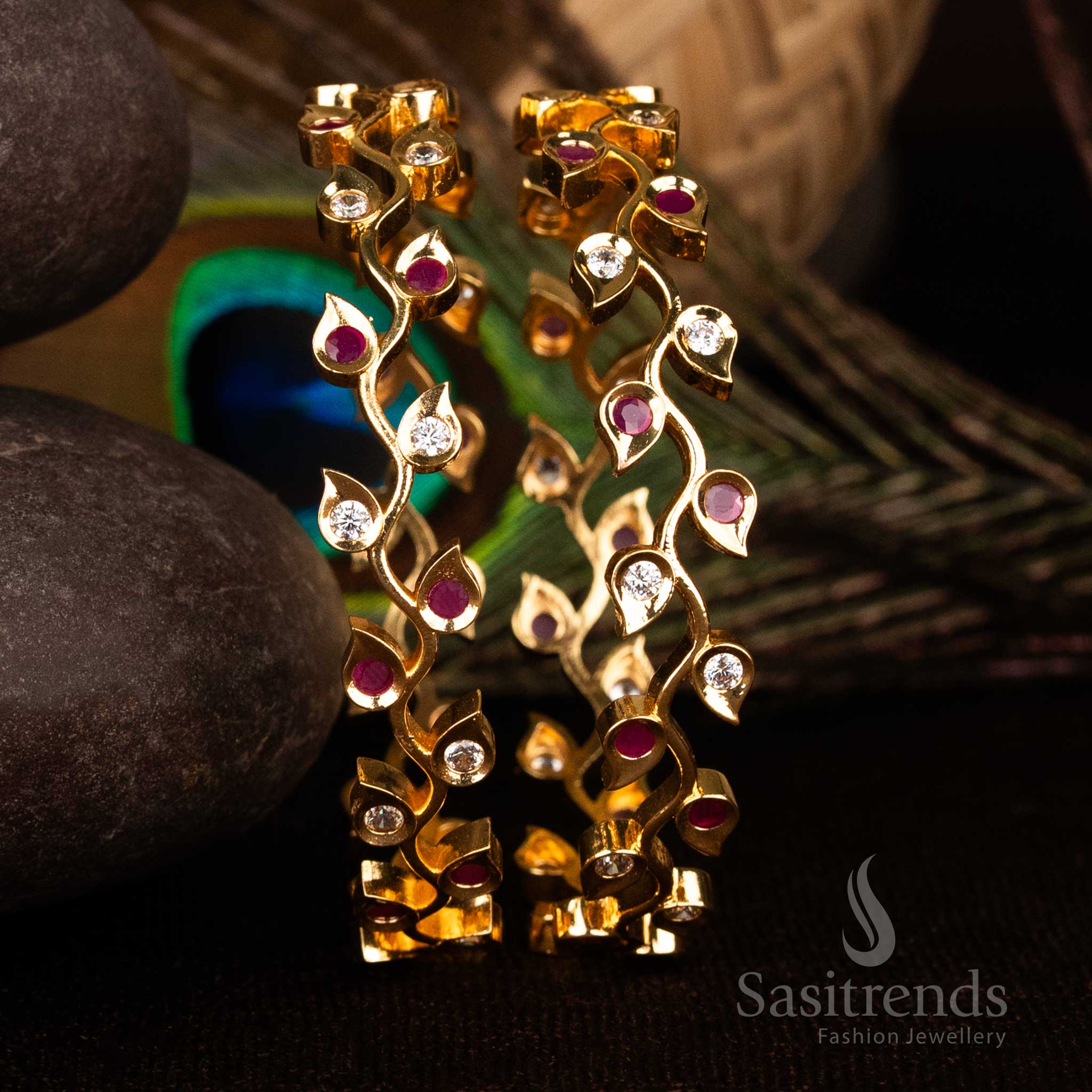 Opulent White-Ruby Bangles with American Diamond Leaf Design and Micro Gold Finish, Ideal for Grand Festive Occasions and Traditional Jewellery – Sasitrends