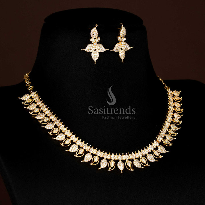 Grand Traditional American Diamond Micro Gold Plated Mango Pattern Necklace Jewellery Set In Classic White Stones With Elegant Gold Touch - Sasitrends