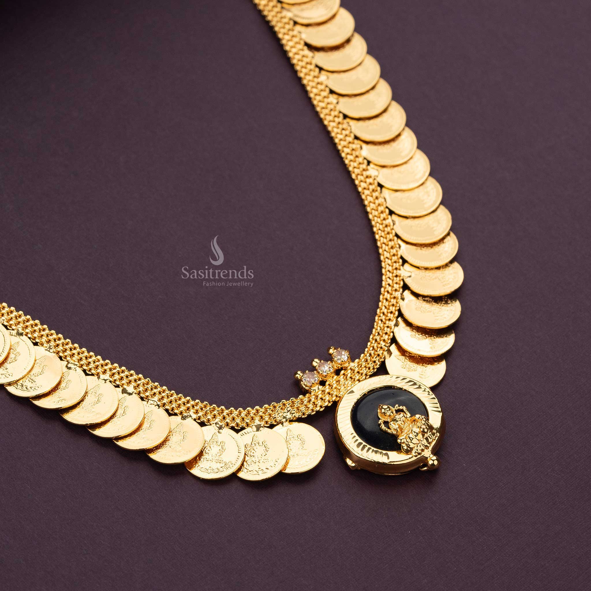 One gram micro gold plated Lakshmi coin necklace with round blue Palakka Lakshmi pendant, featuring divine temple artistry and rich festive elegance, traditional saree wear jewellery – Sasitrends