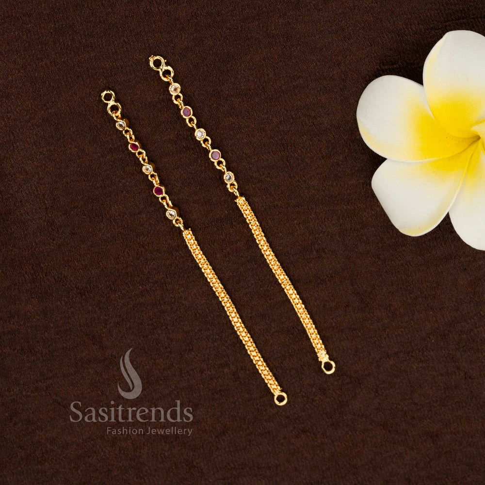 Royal halo impon micro gold plated round stone chain matil white-ruby offering guaranteed jewellery glow and authentic gold look ideal for weddings, poojas and dance hairstyles – Sasitrends