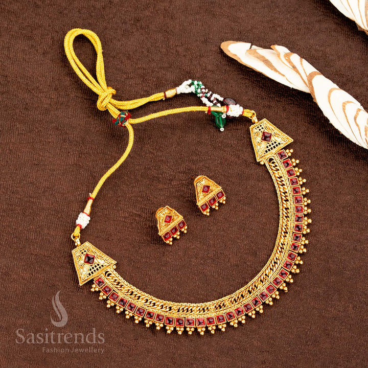 Regal matte gold plated square stone ruby necklace set for wedding and bridal wear, featuring a magnificent traditional temple jewellery design with rich cultural grandeur by Sasitrends