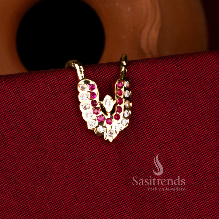 Radiant Impon Gati 24K micro gold plated ring with curved dual V motif and AD stone detailing in white ruby sparkle perfect for festive occasions and traditional gatherings – Sasitrends