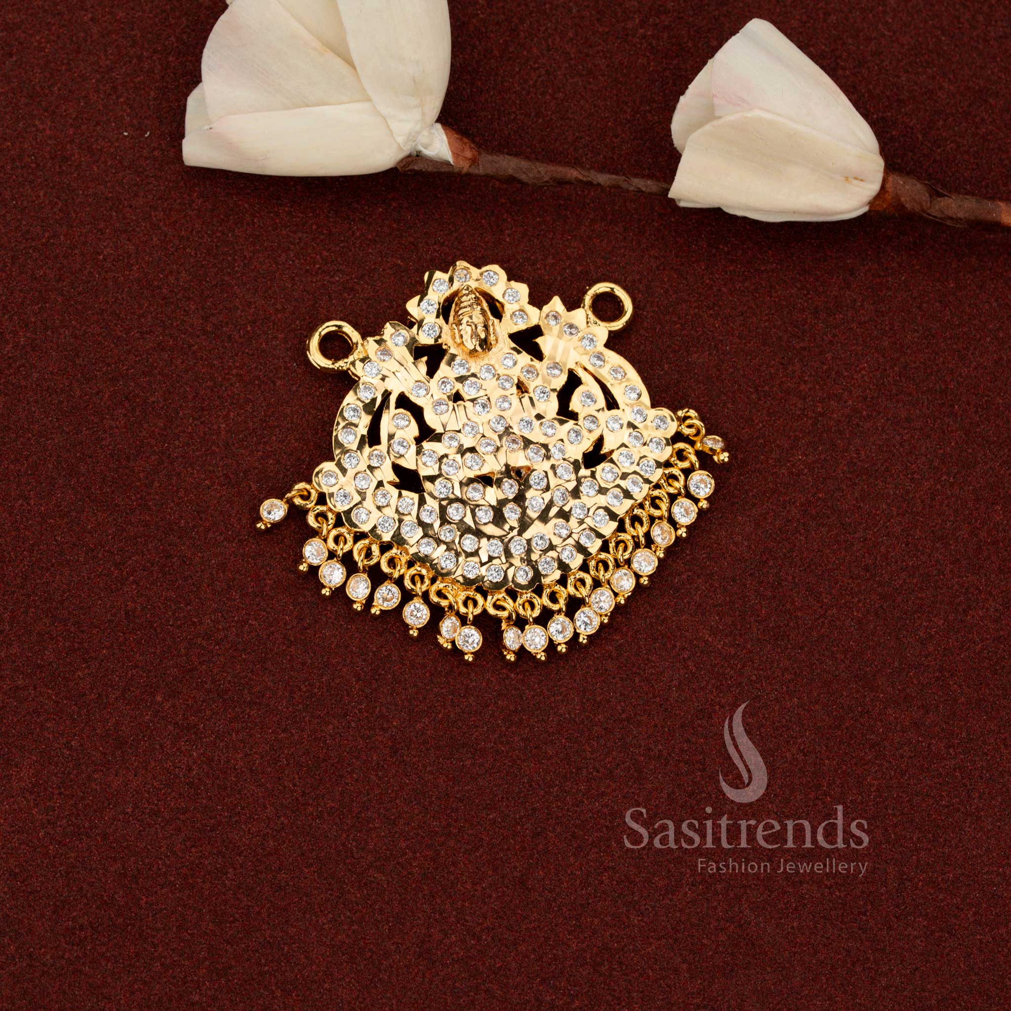 Divine Impon Addigai micro gold plated AD Lakshmi arched temple pendant in white finish ideal for poojas weddings and grand traditional functions – Sasitrends
