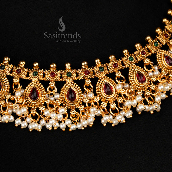 Heritage Royale Matte Finish Temple Necklace Set Featuring Ruby-Green Stone Motifs and Layered Pearls – Ethnic Classic Gold Jewellery – Sasitrends