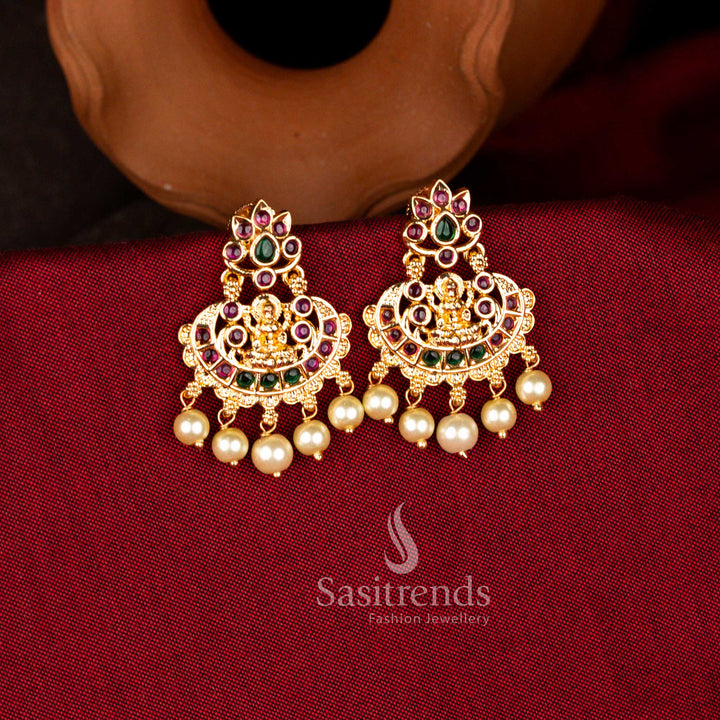 Splendid micro gold plated American Diamond chandbali earrings with pearl drops in multi shades perfect for bridal parties, festive occasions, and ceremonial wear – Sasitrends